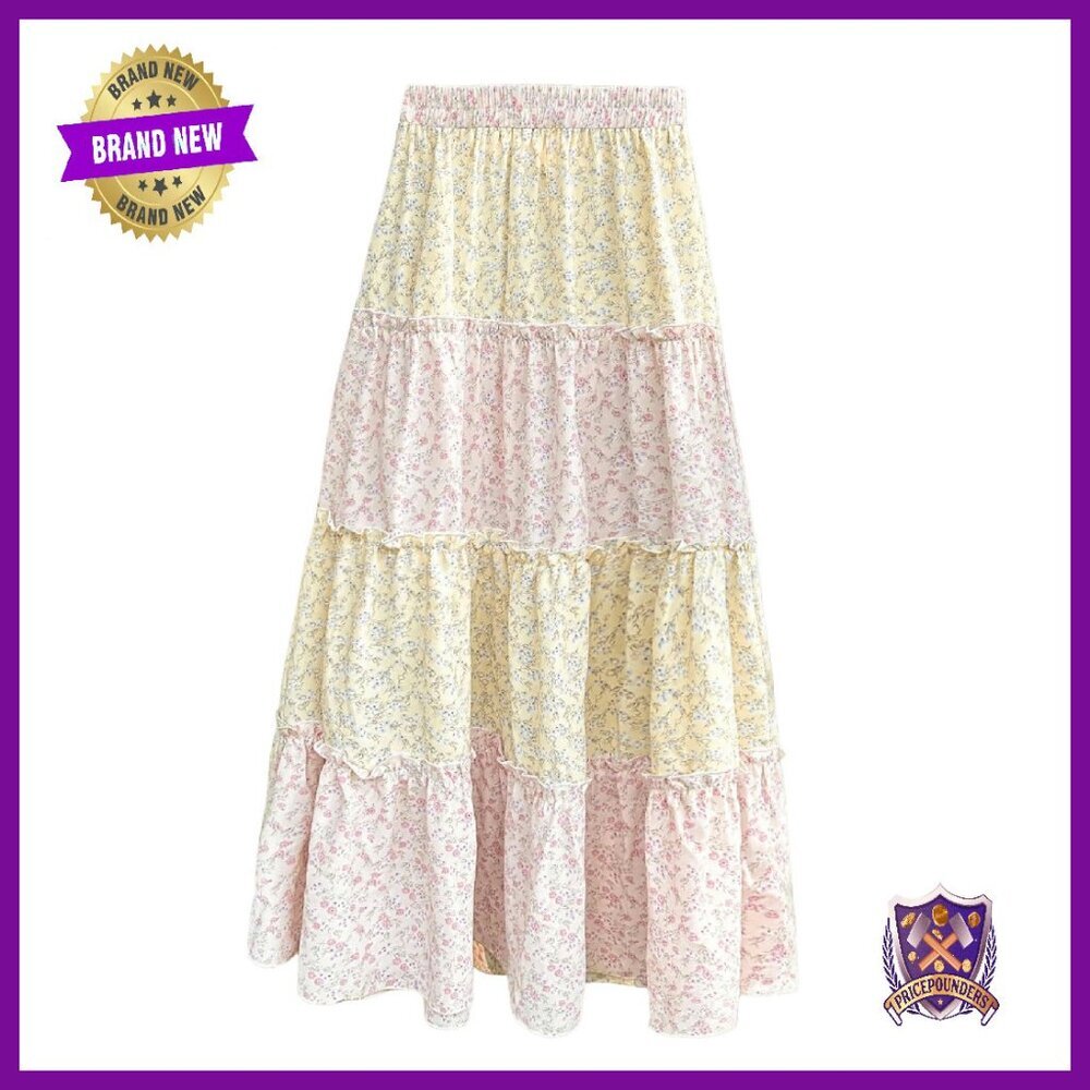 Women's Plaid Maxi Skirt A-Line Tiered Ruffle Flowy Boho Casual